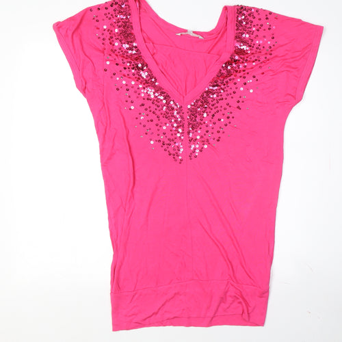 Red Herring Women's Pink Sequin V-Neck T-Shirt