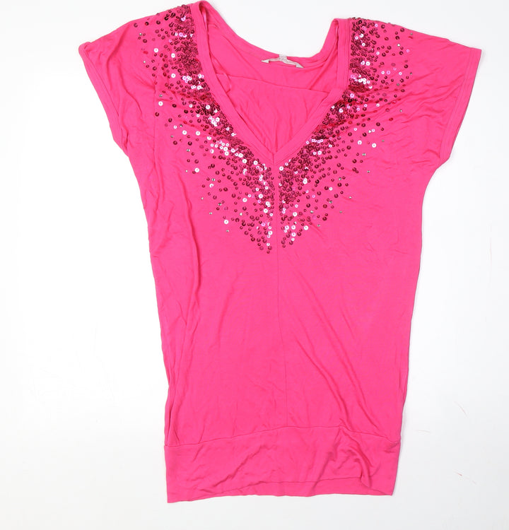 Red Herring Women's Pink Sequin V-Neck T-Shirt