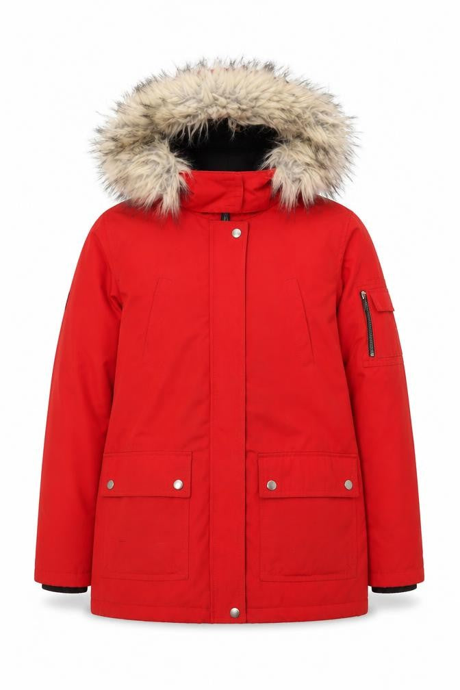 Front view of New Look Women's Red Parka Jacket, size 8, with Hood