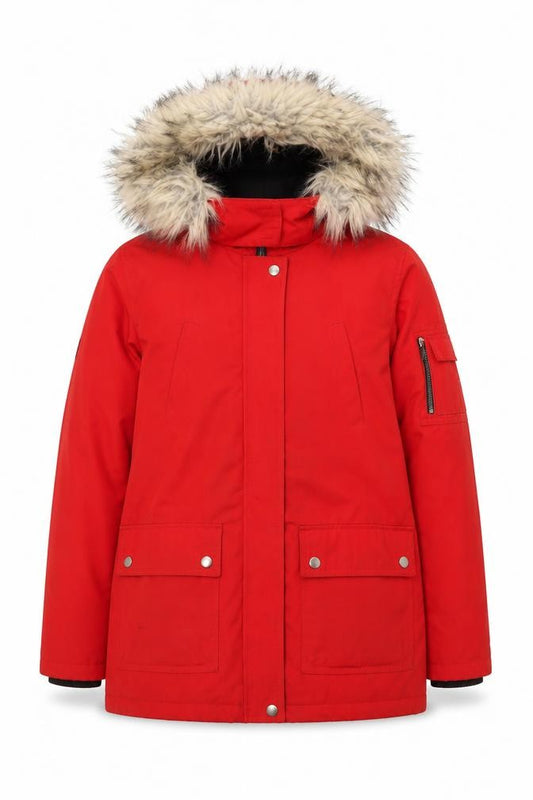 Front view of New Look Women's Red Parka Jacket, size 8, with Hood