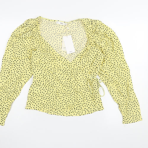 MNG Women's Yellow Polka Dot Wrap Blouse, Size S