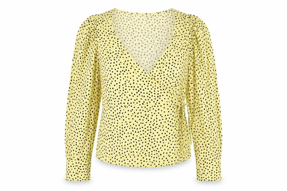 Front view of Mango Women's Yellow Polka Dot Wrap Blouse, size S