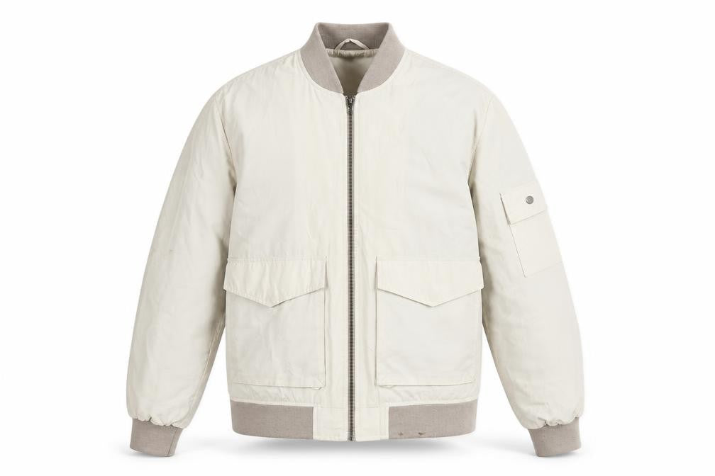 Front view of New Look Men's Ivory Bomber Jacket XS Classic Fit