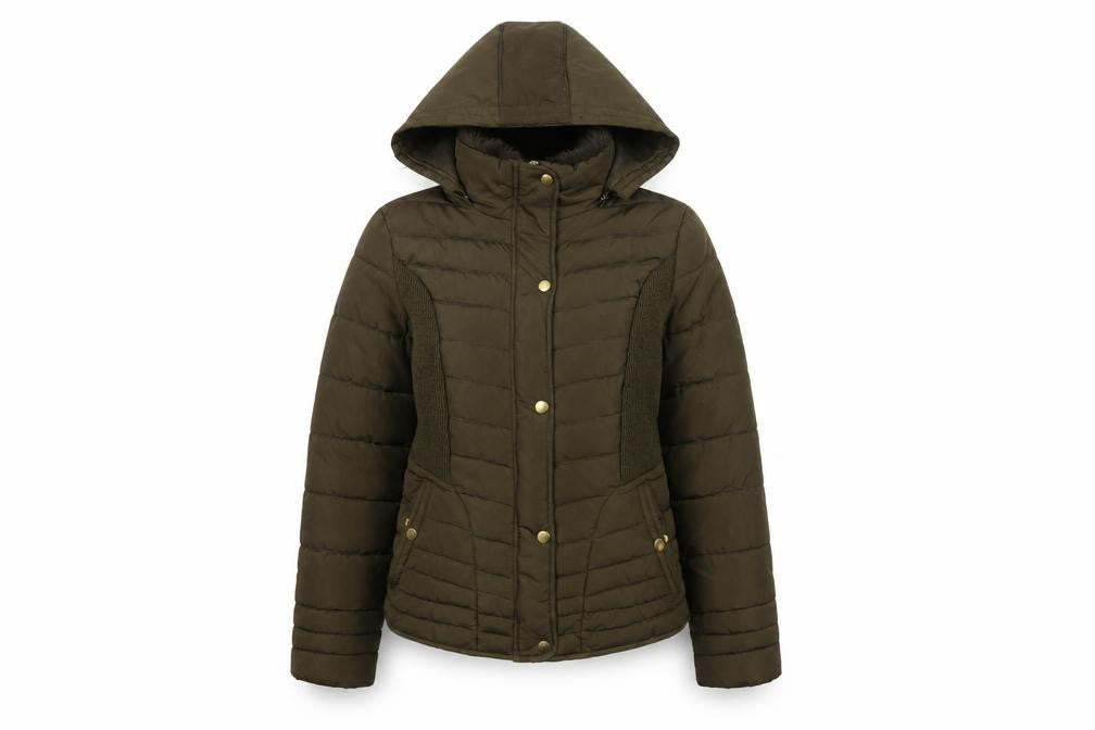 Front view of YMI Women's Green Puffer Jacket M Hooded Winter