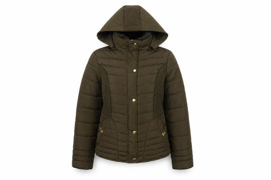 Front view of YMI Women's Green Puffer Jacket M Hooded Winter
