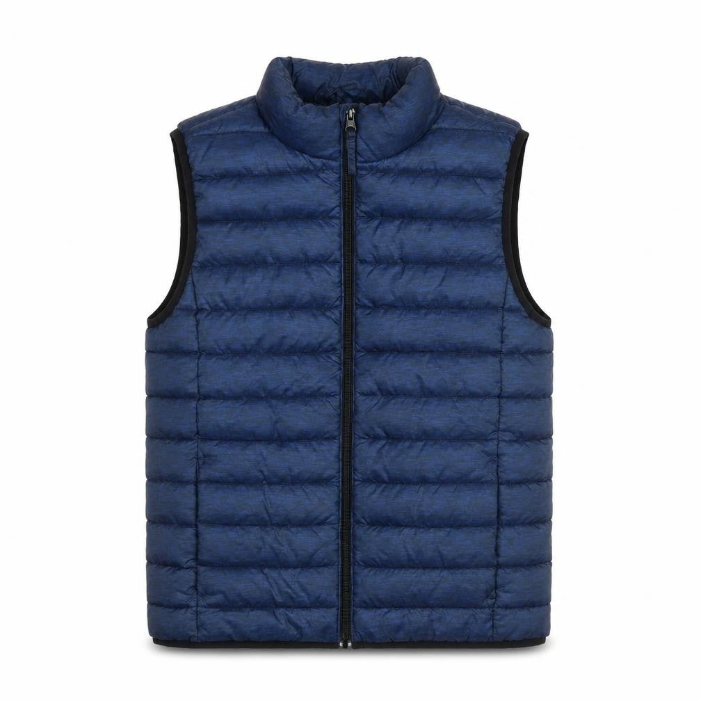 Front view of H&M boys’ blue padded bodywarmer jacket, size 11-12y