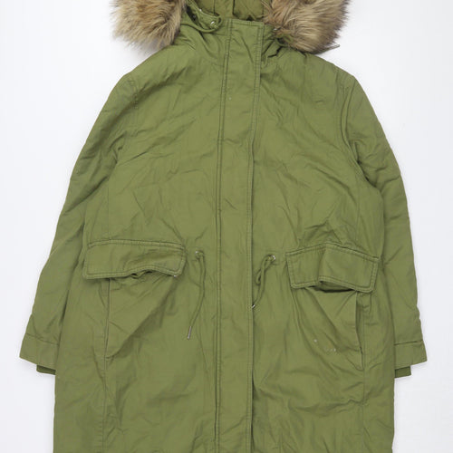 H&M Women's Green Parka Coat Size S Hooded Fur Trim