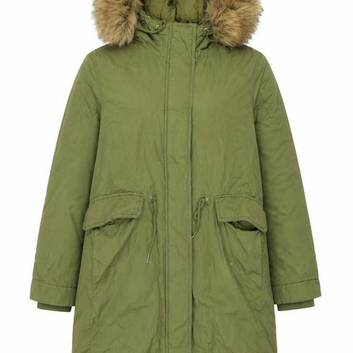 H&M Women's Green Parka Coat Size S Hooded Fur Trim