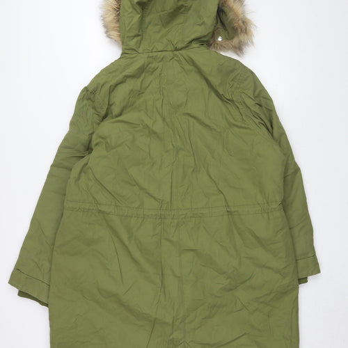 H&M Women's Green Parka Coat Size S Hooded Fur Trim