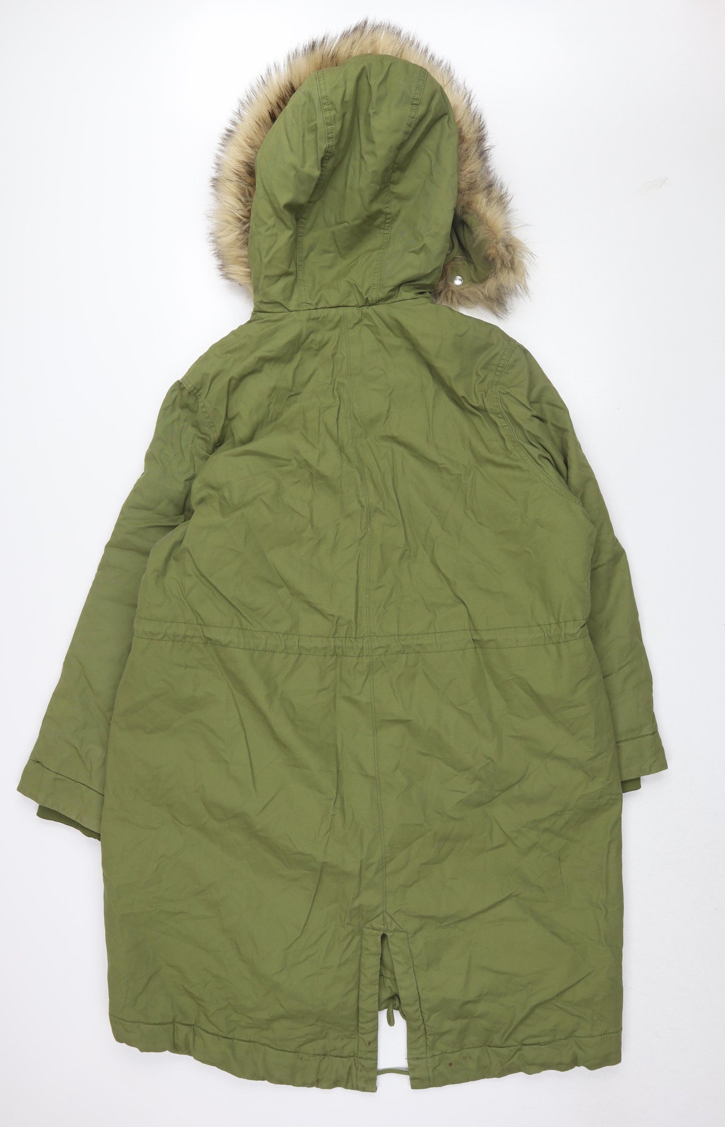 H&M Women's Green Parka Coat Size S Hooded Fur Trim