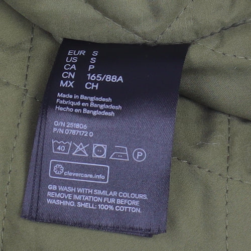 H&M Women's Green Parka Coat Size S Hooded Fur Trim