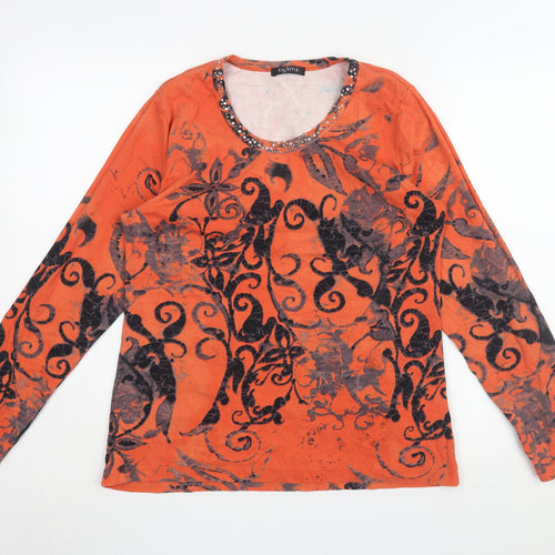 Via Appia Women's Orange Floral Beaded Cotton T-Shirt, Size 14
