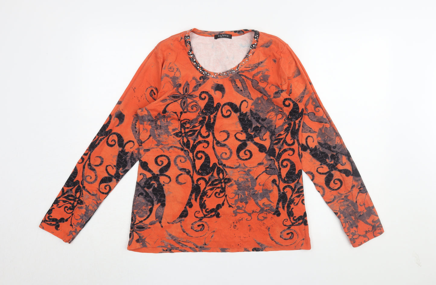 Via Appia Women's Orange Floral Beaded Cotton T-Shirt, Size 14