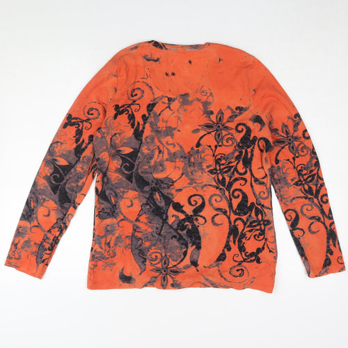 Via Appia Women's Orange Floral Beaded Cotton T-Shirt, Size 14