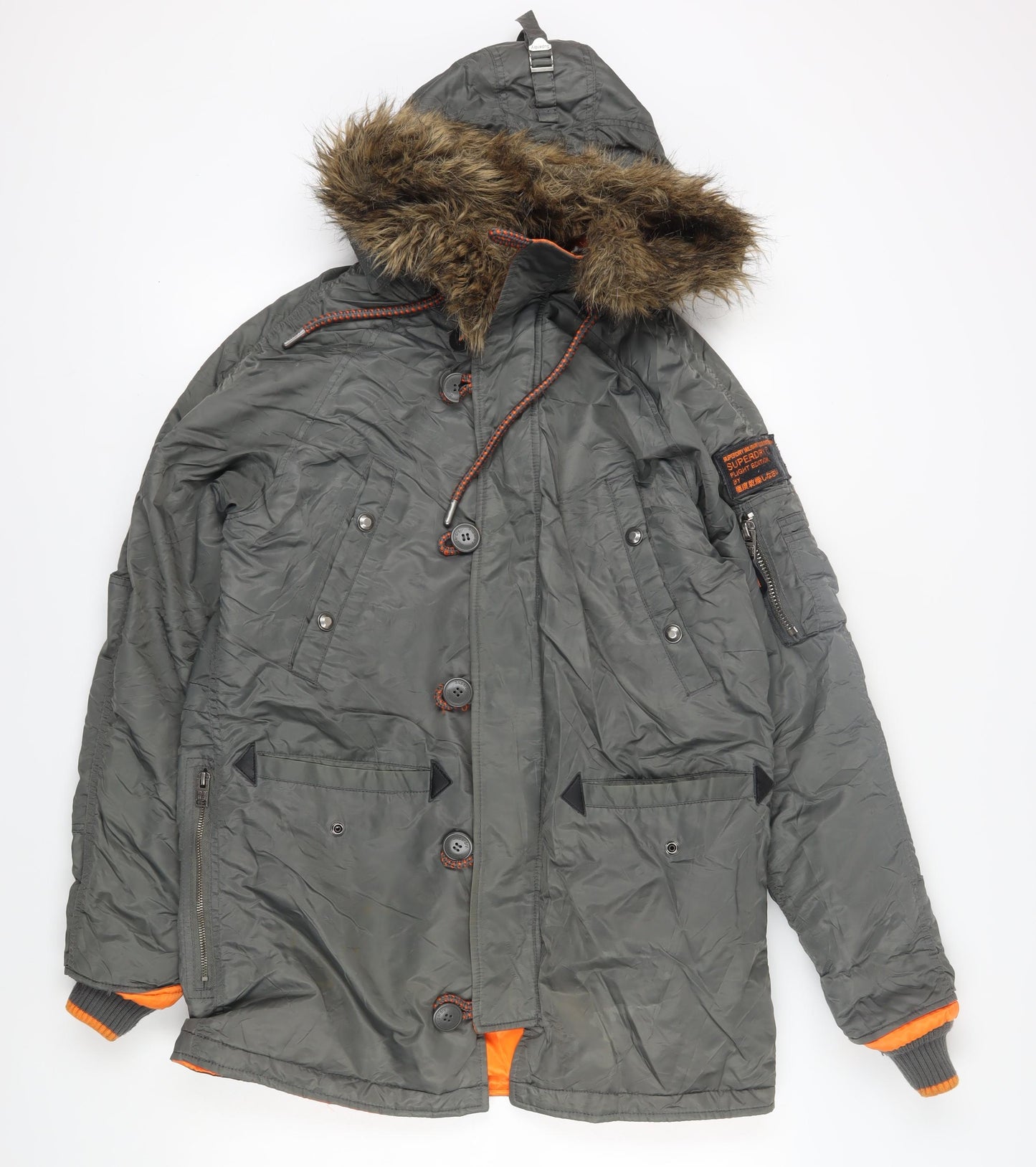 Superdry Men's Grey Parka Jacket M Padded Fur Hood