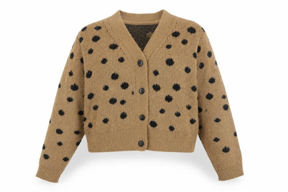 Front view of Topshop Women's Brown Polka Dot Cardigan, size S