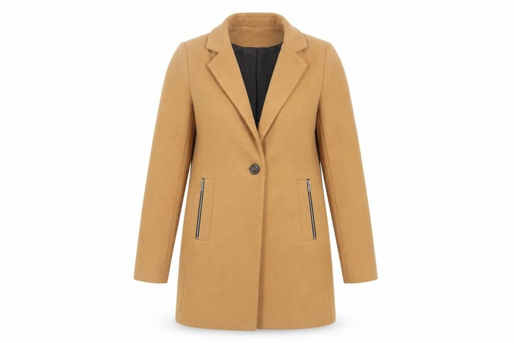 Front view of ASOS Women's Beige Coat, size 12, with Zipped Pockets