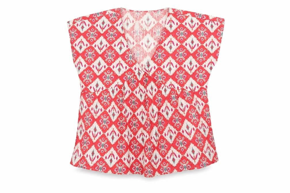Front view of Burgs Women's Geometric Red Blouse UK, size 8