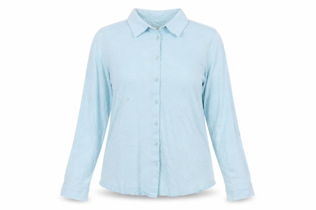 Front view of WoolOvers Women's Blue Collared Button-Up Shirt M