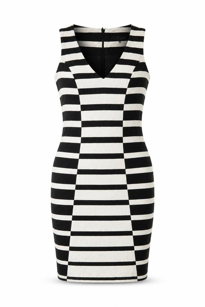 Front view of Next Women's Black Striped Bodycon Dress, size 8