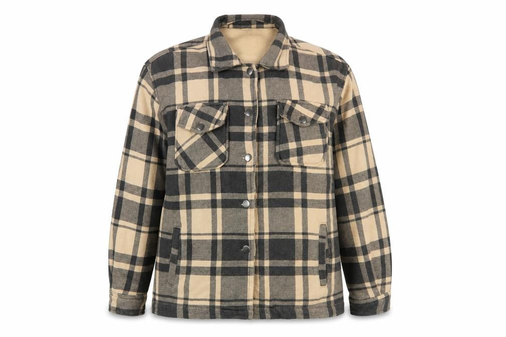 Front view of Quiz Women's Beige Plaid Jacket S Casual Button Classic