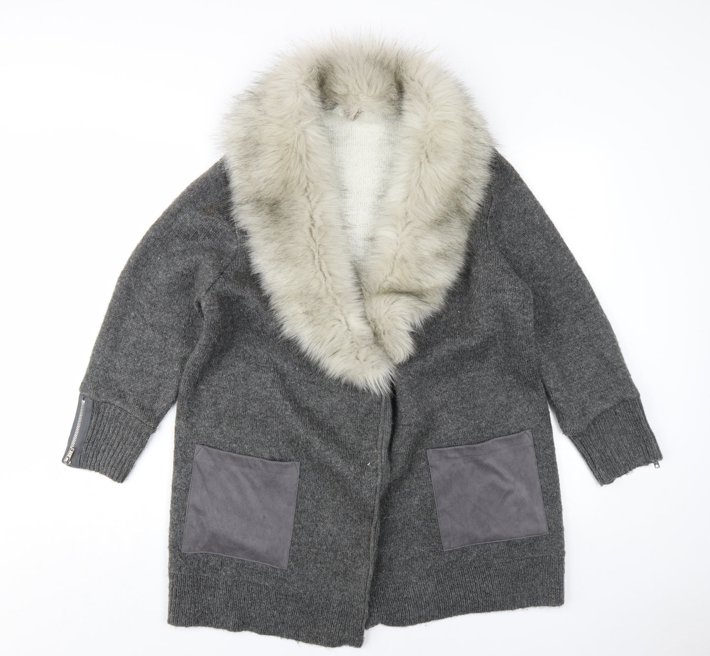 River Island Women's Grey Cardigan Fur Trim Size 16