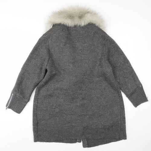 River Island Women's Grey Cardigan Fur Trim Size 16