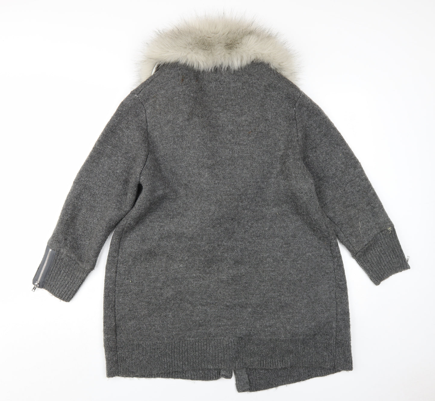 River Island Women's Grey Cardigan Fur Trim Size 16