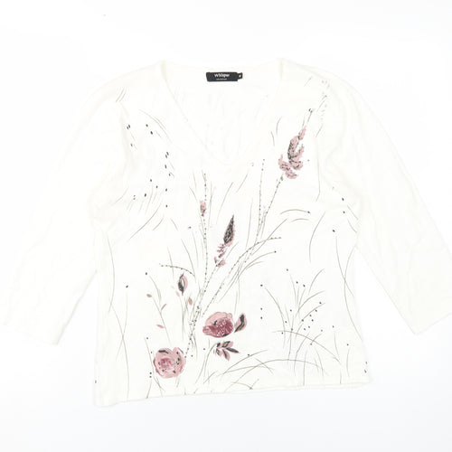 Whisper Women's White Floral Blouse M V-Neck