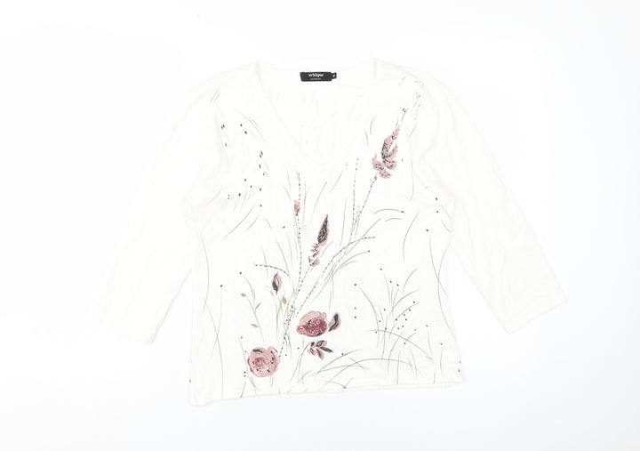 Whisper Women's White Floral Blouse M V-Neck