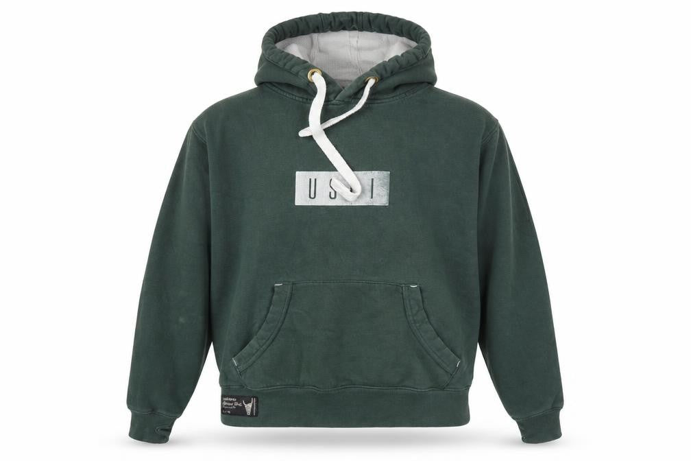 Front view of USHI Men's Green Pullover Hoodie, Logo, size M, Hooded