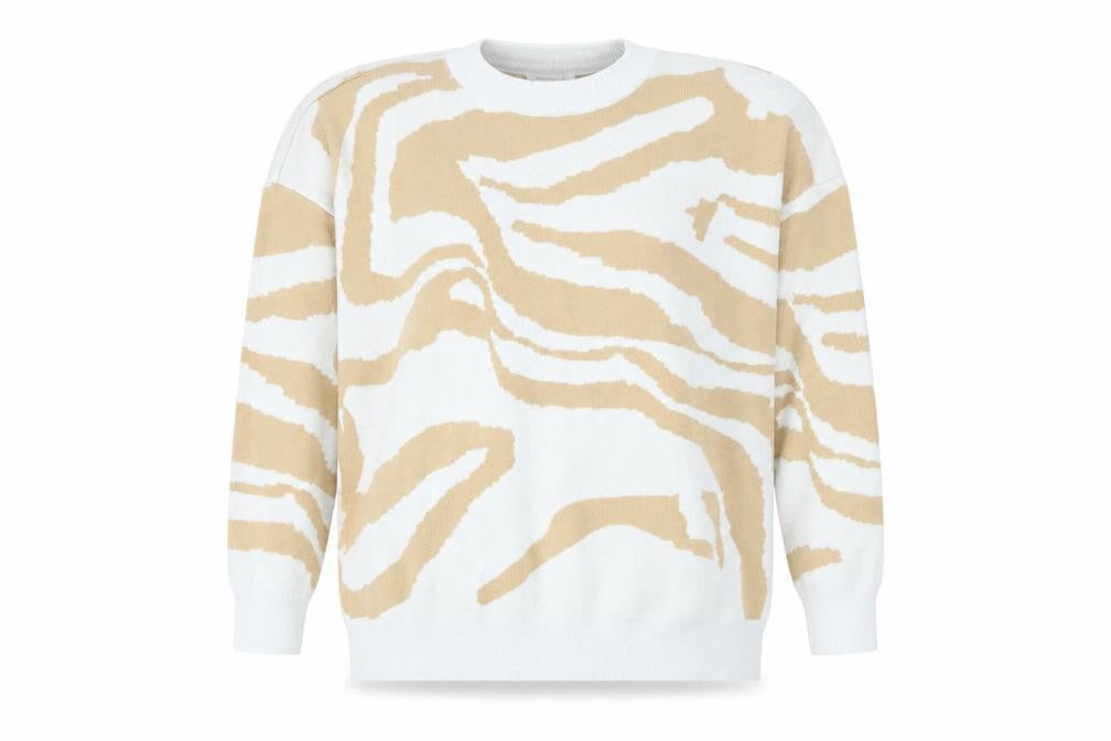 Front view of Modcci Women's Beige Animal Knit jumper