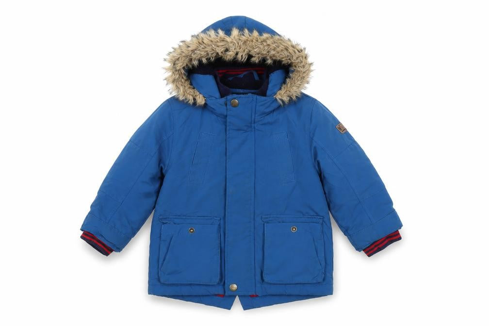 Front view of Next unisex blue parka jacket 18-24 months