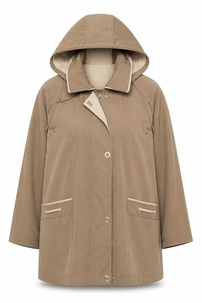 Front view of EWM Women's Brown Parka Coat, size 16, Long Hooded