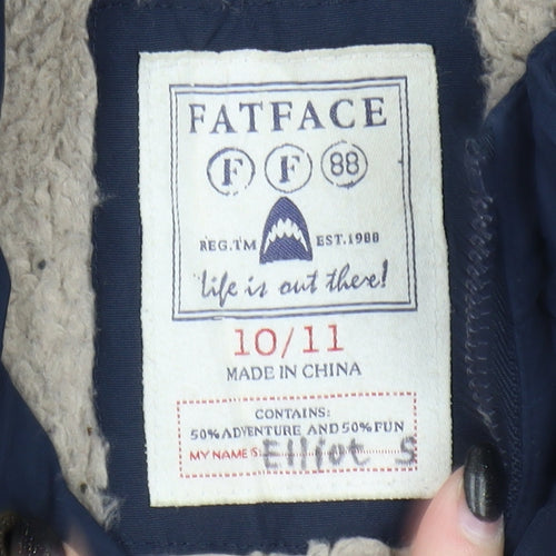 FatFace Boys Blue Bomber Jacket, 10-11 Years, Hooded Winter Coat