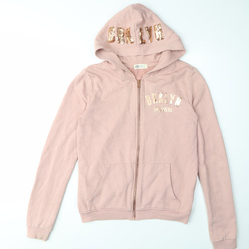 H&M Girls Pink Full Zip Hoodie, Size 14 Years, Embroidered