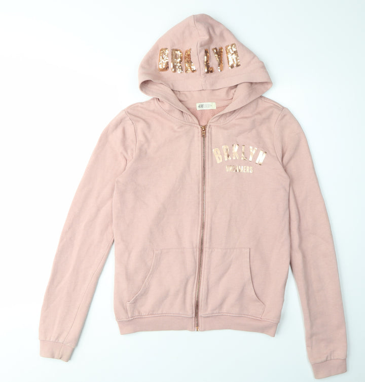 H&M Girls Pink Full Zip Hoodie, Size 14 Years, Embroidered