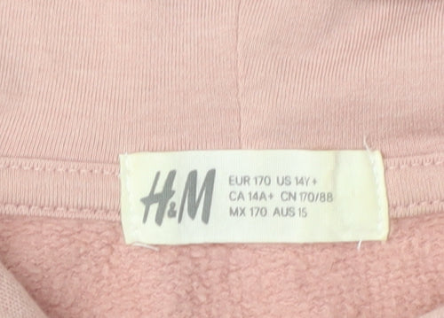 H&M Girls Pink Full Zip Hoodie, Size 14 Years, Embroidered