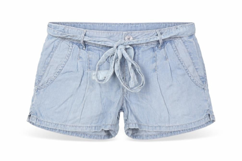 Front view of Guess Women's Blue Pleated Chino Shorts, size 4