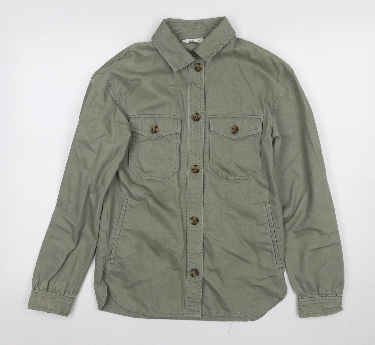 H&M Boys Green Cotton Shirt Jacket, Size 14, Button Closure