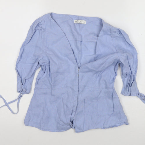 Zara Women's Blue Linen Tunic Top 3/4 Sleeve V-Neck Size XS