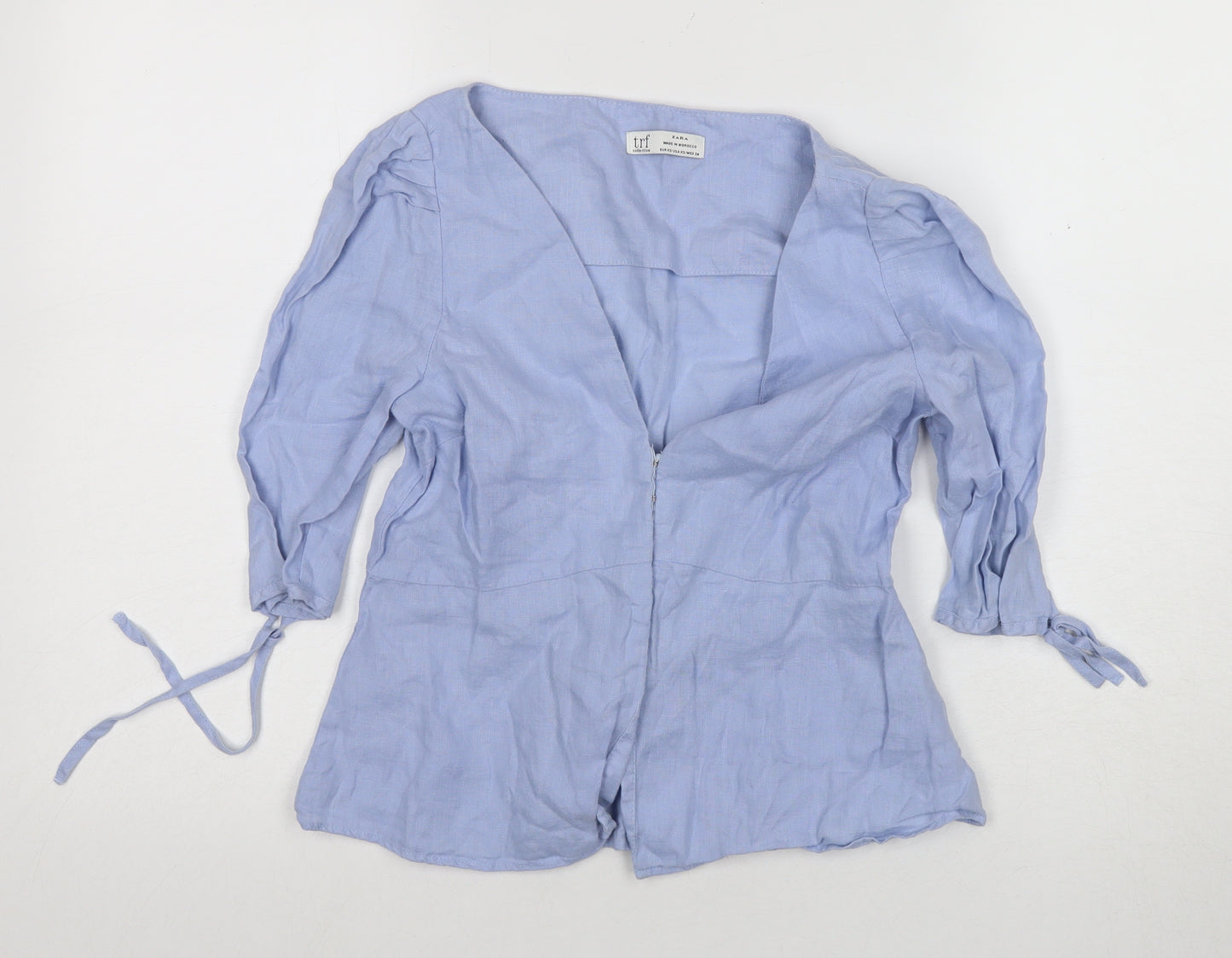 Zara Women's Blue Linen Tunic Top 3/4 Sleeve V-Neck Size XS