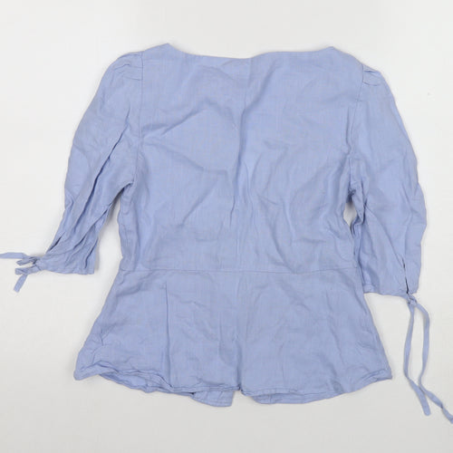 Zara Women's Blue Linen Tunic Top 3/4 Sleeve V-Neck Size XS