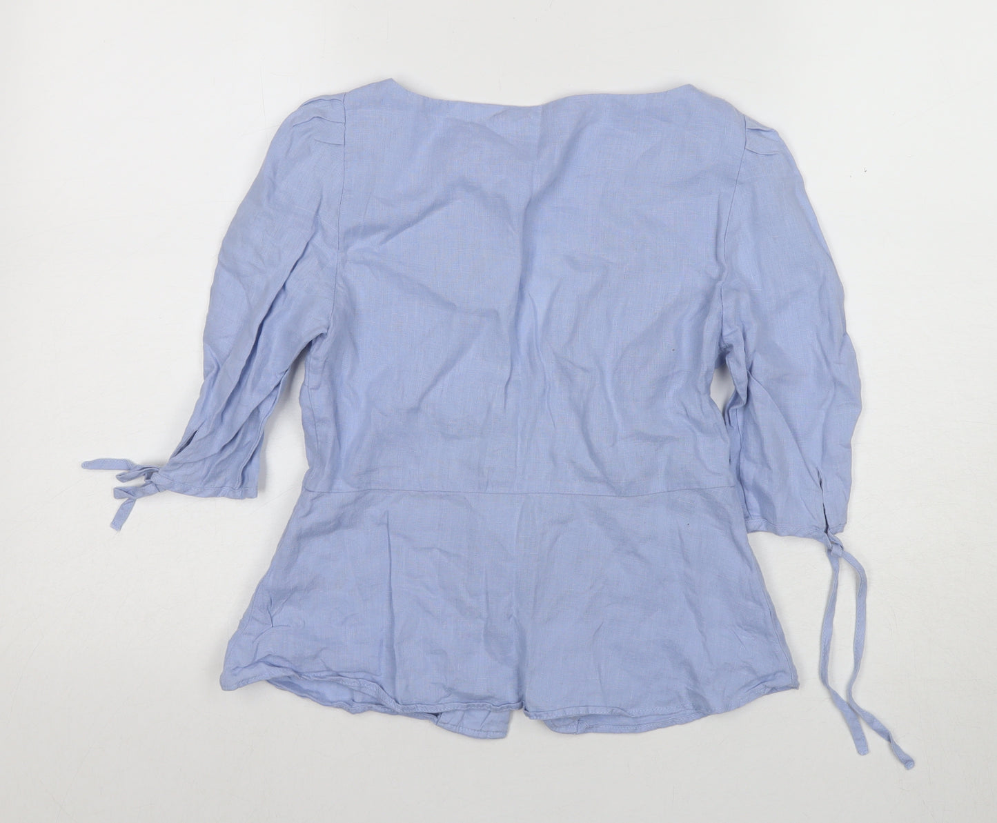 Zara Women's Blue Linen Tunic Top 3/4 Sleeve V-Neck Size XS