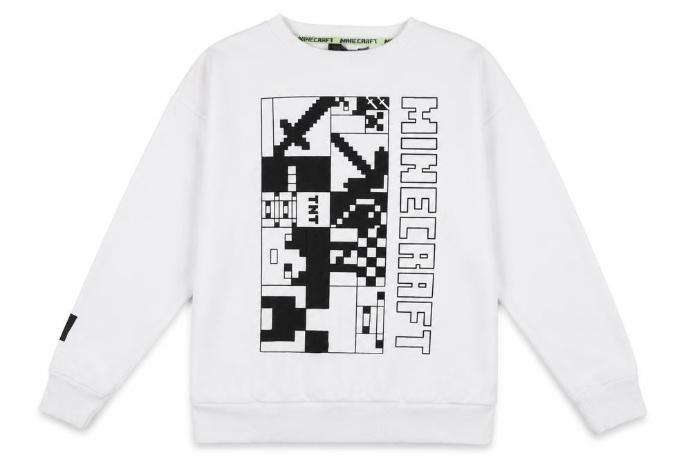 Front view of Minecraft unisex kids white pullover sweatshirt 13-14 years