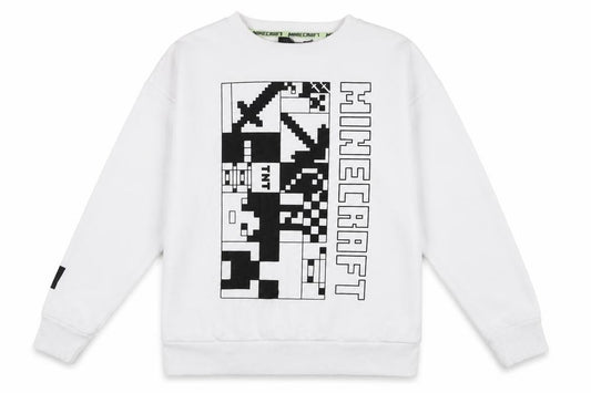 Front view of Minecraft unisex kids white pullover sweatshirt 13-14 years
