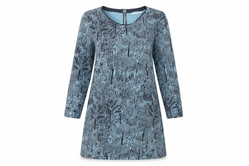 Front view of White Stuff Women's Blue Geometric Shift Dress, size 10