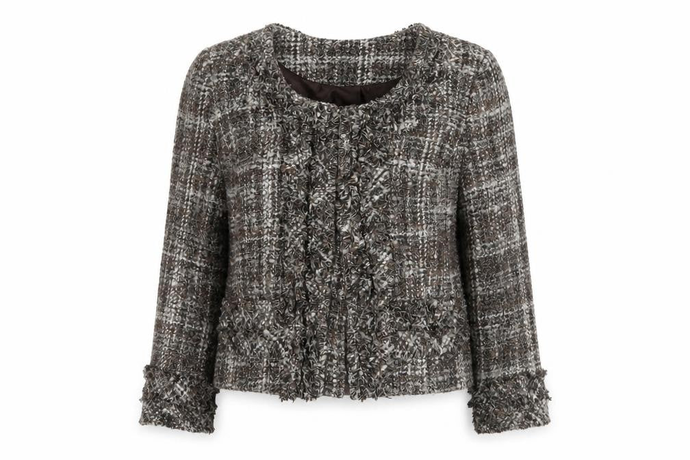 Front view of Malvin Women's Brown Plaid Boucle Blazer, size 10