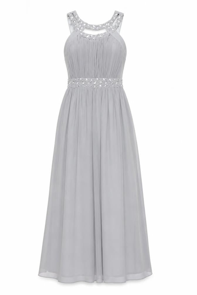 Front view of Quiz Women's Grey A-Line Sleeveless Long Dress