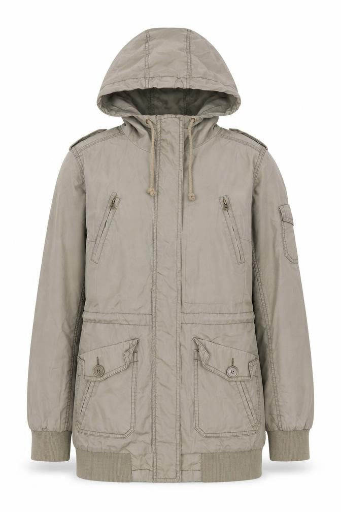 Front view of H&M Women's Grey Parka Jacket, size 10, Autumn Style
